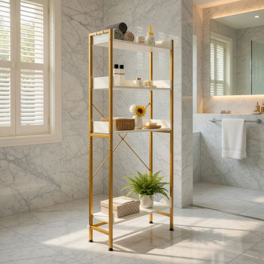 Hommoo Over-the-Toilet Storage Rack with Adjustable Bottom Bar, 3-Tier Open Shelves & Dual Side Hooks, White