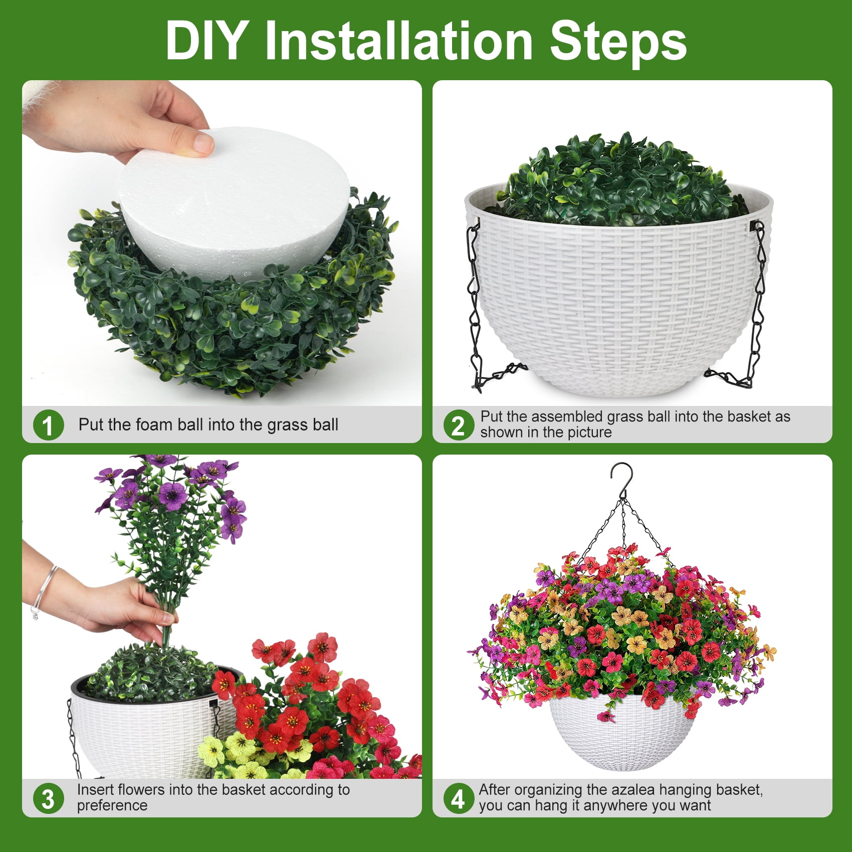 Scidweet Artificial Hanging Flowers, 12 Pcs Fake Flowers Faux Plants with Imitation Woven White Basket for Outside Indoor Spring Summer Decoration for Home Garden