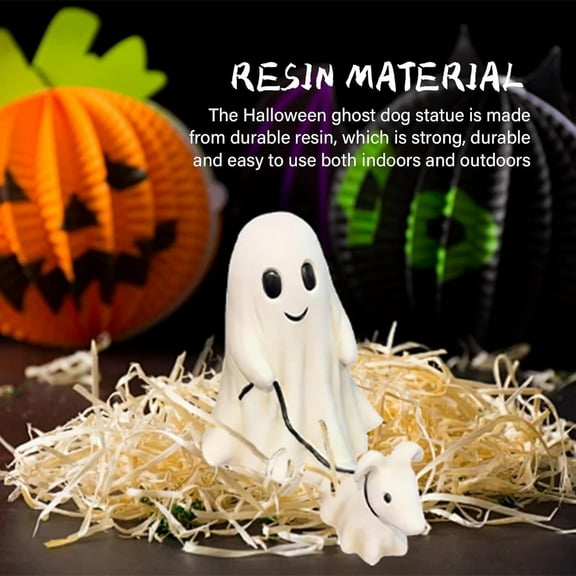 Halloween Ghost Walking Dog Statue: Ghost Walking His Ghost Dog Halloween Ghost Dog Statues Spooky Ghost Dog Halloween Figurine Home Tabletop Decorations (White 2pcs, Extra Large)
