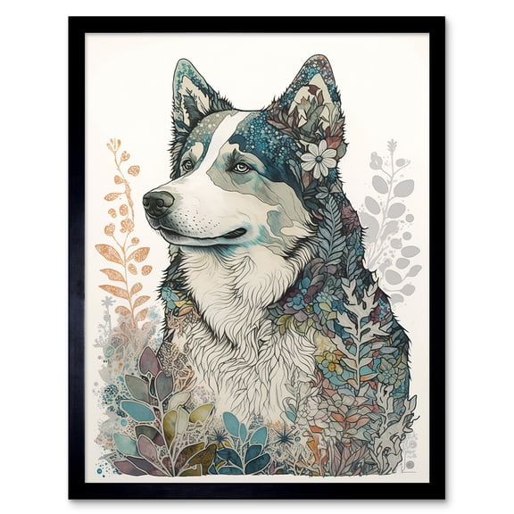 Siberian Husky Dog Nature Spirit Animal Modern Multicoloured Illustration Art Print Framed Poster Wall Decor 12x16 inch