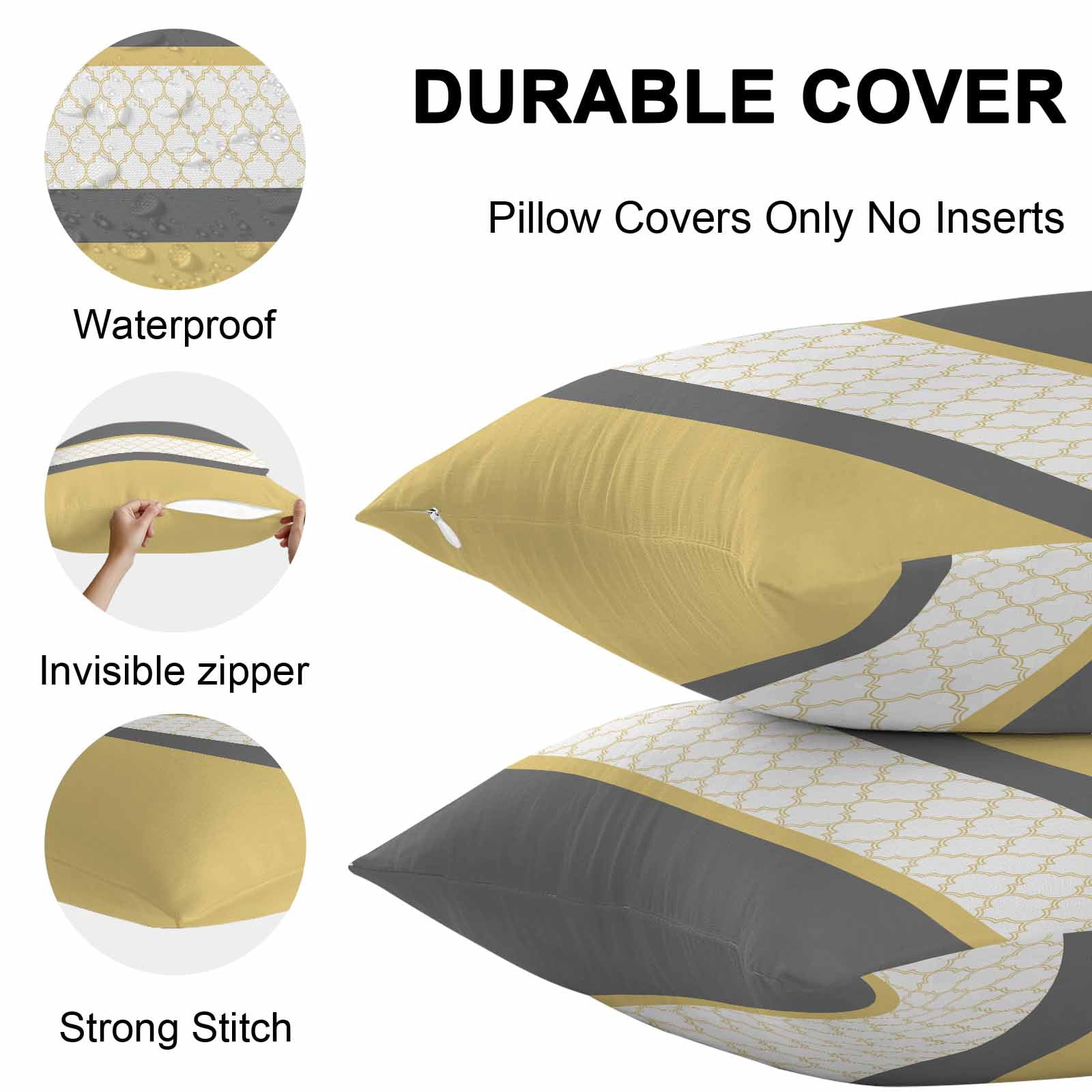 Abstract Yellow Outdoor Pillow Covers Set of 2 Grey Stripes Moroccan Geometric Modern Retro Waterproof Throw Pillow Case Decorative Square Cushion Cover for Patio Couch Garden Balcony, 18"x18"