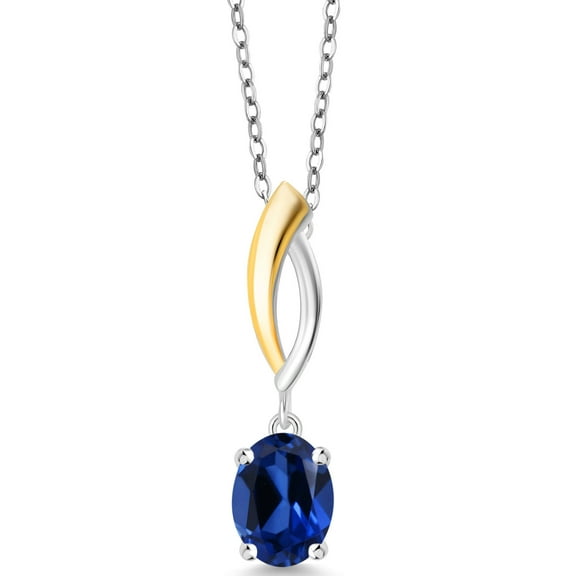 Gem Stone King 925 Silver and 10K Yellow Gold Blue Created Sapphire Pendant Necklace for Women (1.60 Ct Oval 8X6MM, with 18 inch Chain)