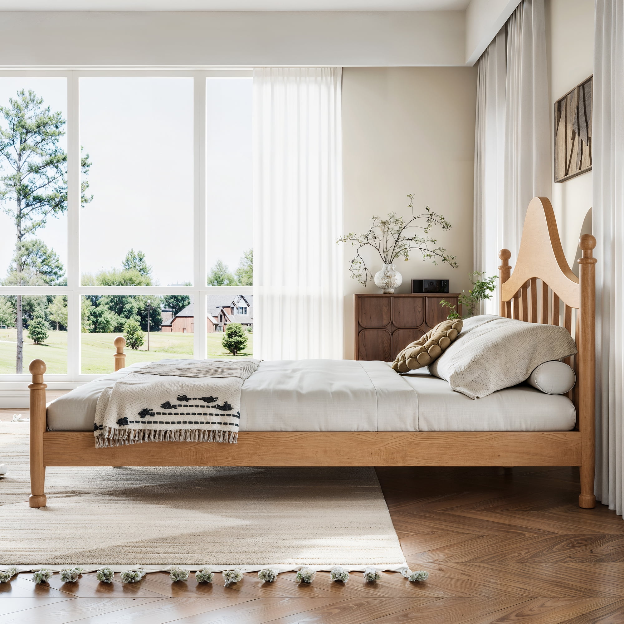 Leumius Queen Size Platform Bed with Chic Headboard, Solid Wood Bed Frame with Slatted Support, Low to Ground Design for Bedroom Natural
