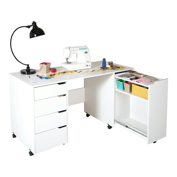 Maykoosh Contemporary Cool Sewing Craft Table on Wheels with Sliding Shelf, Storage Drawers and Scratchproof Surface, Pure White - 23.62"D x 58.12"W x 295"H