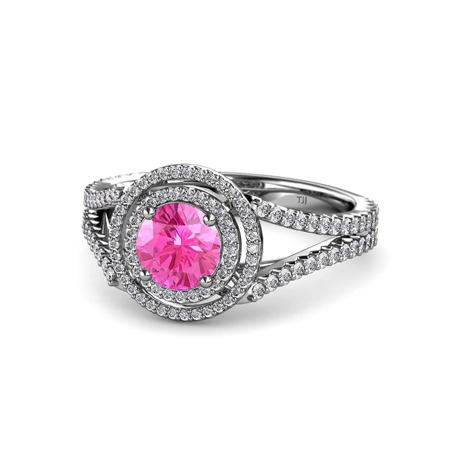 Pink Sapphire and Diamond (SI2-I1, G-H) Double Halo Engagement Ring 1.32 ct tw in 14K White Gold.size 4.5 by TriJewels