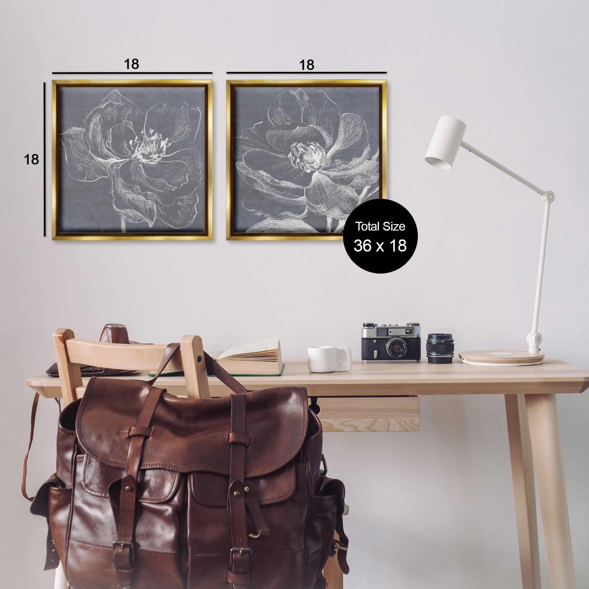 Stupell Industries Chalkboard Magnolia Blossom Plants & Flowers Drawing Gold Floater Framed Canvas Art Print Wall Art, 18 x 18, Set of 2