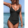 thumbnail image 2 of Women's One Piece Swimsuit Tummy Control Bathing Suit for women, V Neck Push Up Ruched Full Coverage Swimwear, Black, 2 of 9