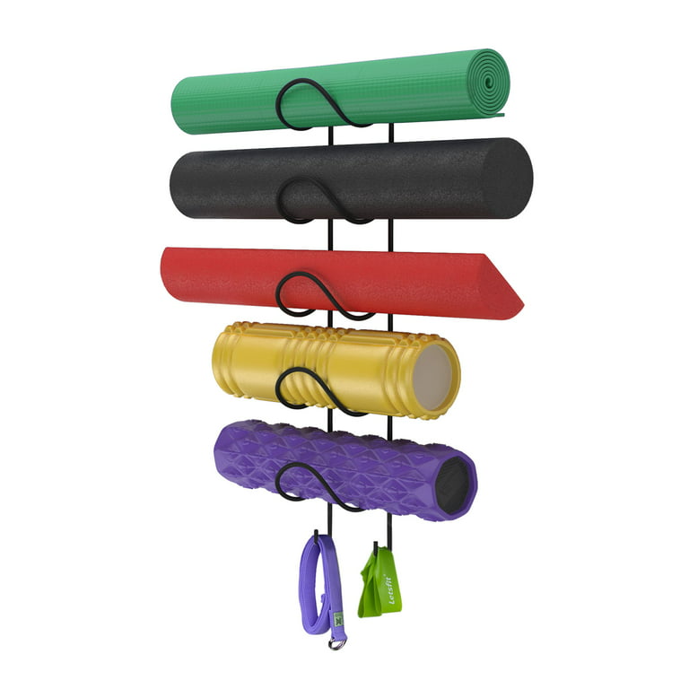 Wallniture Guru 5 Tier Yoga Mat Holder Foam Rollers Hanger Wall Mount Storage  Rack with Hooks, Iron, Black 