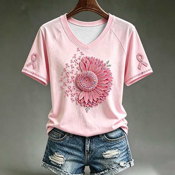Women's Supportive Cancer Awareness Graphic V-Neck Short Sleeve T-Shirt Crewneck Shirt with Themed Print