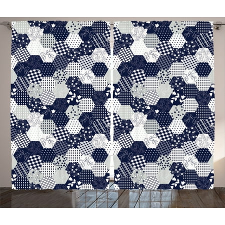 Navy Blue Decor Curtains 2 Panels Set Octagon Patchwork Style
