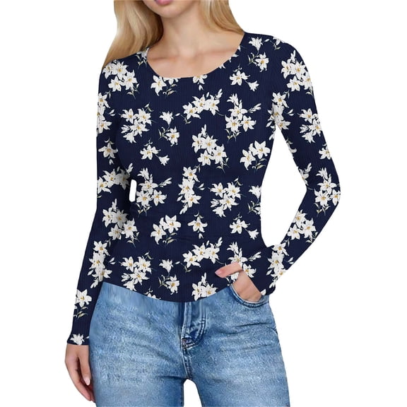 YUGYXL Women's Long Sleeve Shirts Ribbed Knit Slim Fit Tops Floral Printed Basic Tee Casual Stretch Crew Neck T-Shirts Blue Sweatshirt M