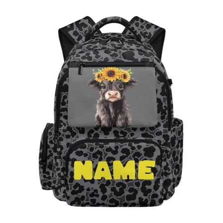 Chririnla Highland Cow Sunflower,Custom Name Print 17 Inch Backpack for Girls Boys Casual Laptop Bags Large Capacity Bookbag for Primary, Middle High Senior School