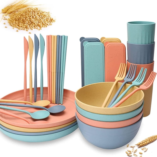 Juego de Vajilla, Juego de Vajilla de Paja de Trigo 32 Piezas, sin BPA, Reutilizable con Cuenco, Plato, Cuchara, Tenedor, Tazas y Palillos, Apto para Lavavajillas
