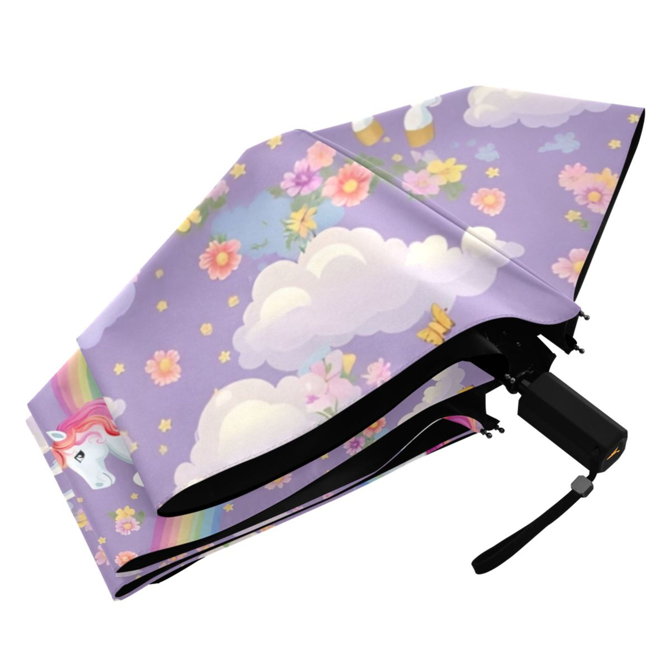 Unicorns and Rainbows Compact Folding Umbrella for Rain Windproof Travel Umbrella UPF 50+ Lightweight Packable Arc Size