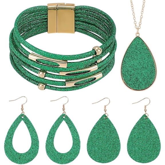 4 Pieces Women's Glitter Jewelry Set Multi-Layer Bracelets Leather Drop Dangle Earrings Necklaces Jewellery