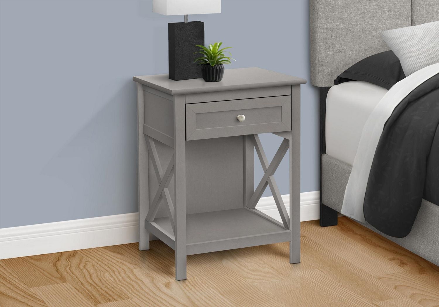 Monarch Specialties Accent Table, End, Side Table, 2 Tier, Bedroom, Nightstand, Lamp, Storage Drawer, Antique Grey Veneer, Transitional