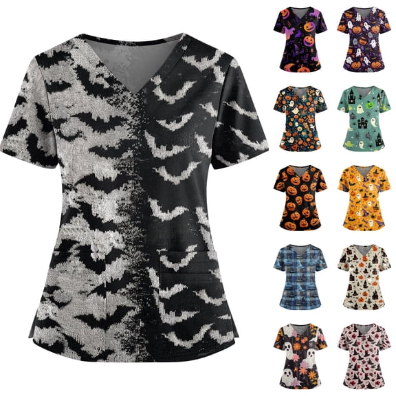 OIOLOYJM Halloween Womens Scrub Tops Happy Funny Bat Print Short Sleeve V Neck Medical Uniforms Soft Cute Holiday Uniform Shirts with 2 Pockets Black L