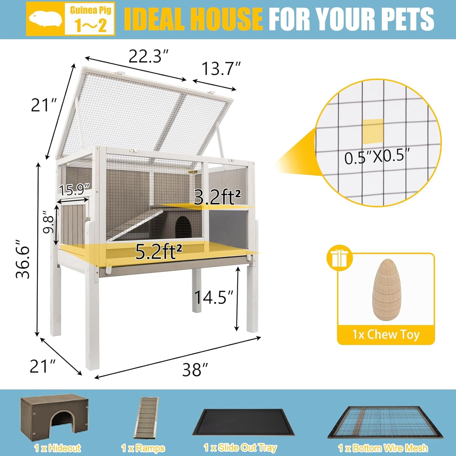 LEHOME Guinea Pig Cages Indoor, Wooden Guinea Pig Cages with Stand, Rabbit Cage Hutch with Ramp and Hideout, Small Animals Cage Habitat with Not Leakage Pull Out Tray