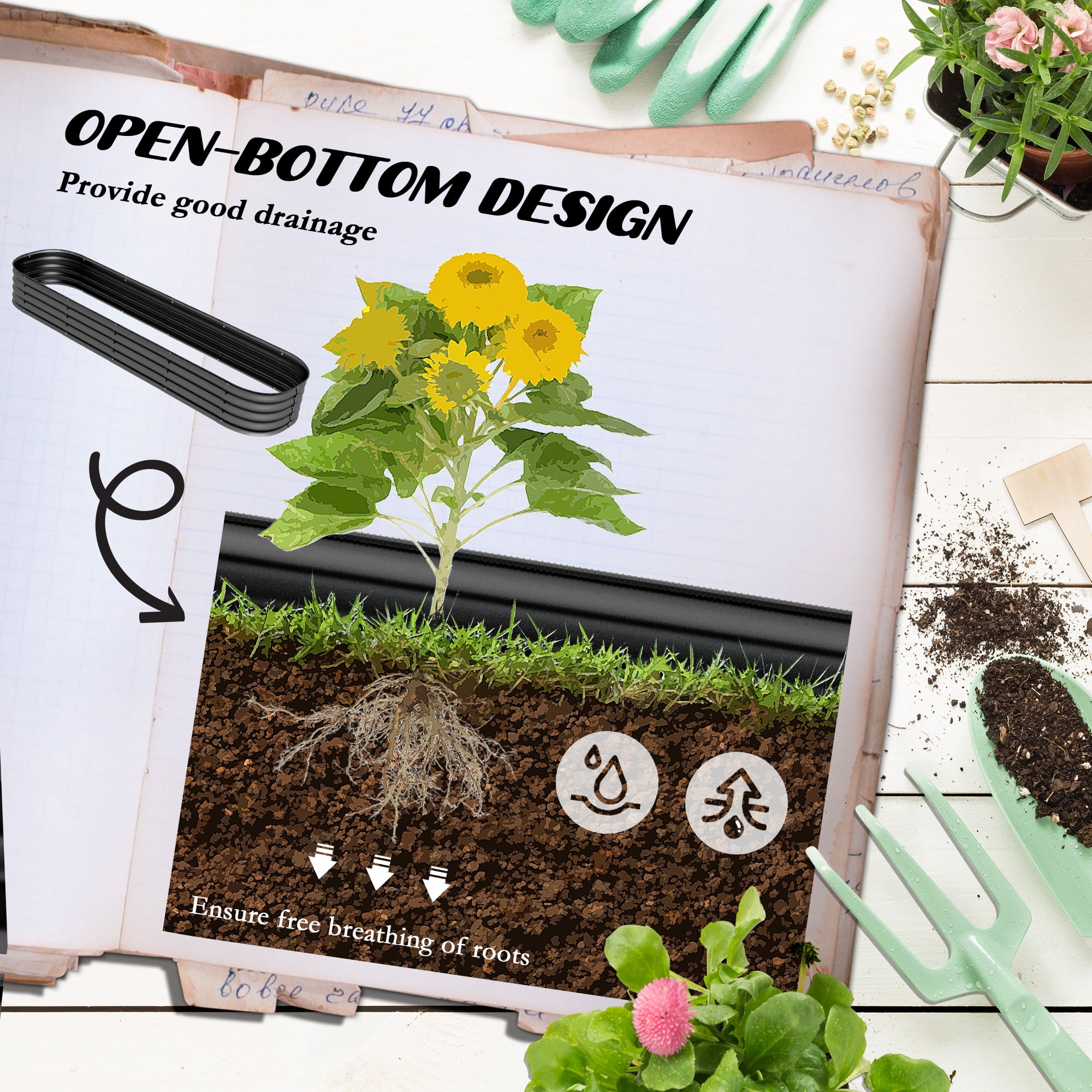Outsunny Galvanized Raised Garden Bed Kit, Metal Planter Box with Safety Edging, 94.5" x 24.5" x 11.75", Dark Gray