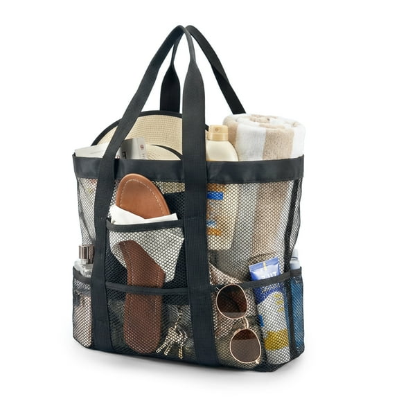 Mesh Beach Bag with Inner Zipper Pocket and Eight Outer Pockets, Oversized Beach Bags for Women, High-Quality Fabric Beach Tote for Picnic, Shopping, Sports, Toys, and Vacation Essentials, Large Capa