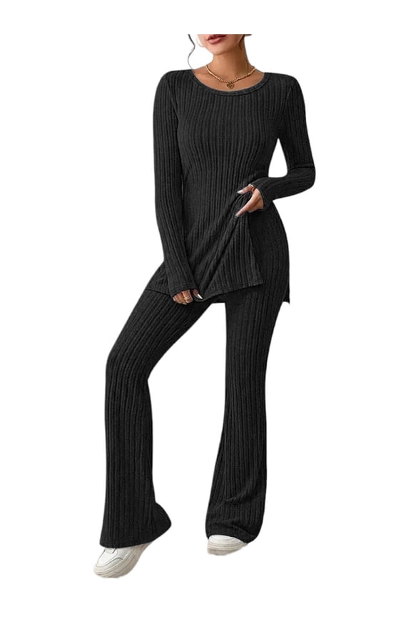 Womens Ribbed Knit Tracksuit Set Long Sleeve Tops Jogger Pants Loungewear