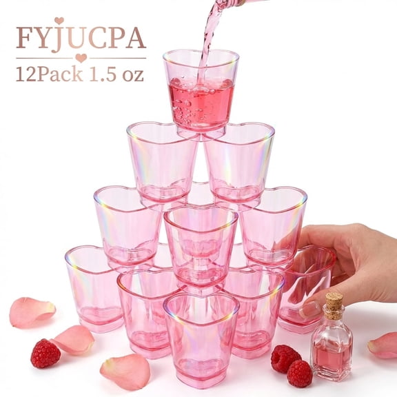FYJUCPA Pink Heart Shaped Shot Glasses, 12 Pack 1.5 oz Plastic Shot Cups with Heavy Base for Whiskey Tequila Liquor, Valentine's Day Bachelor Party