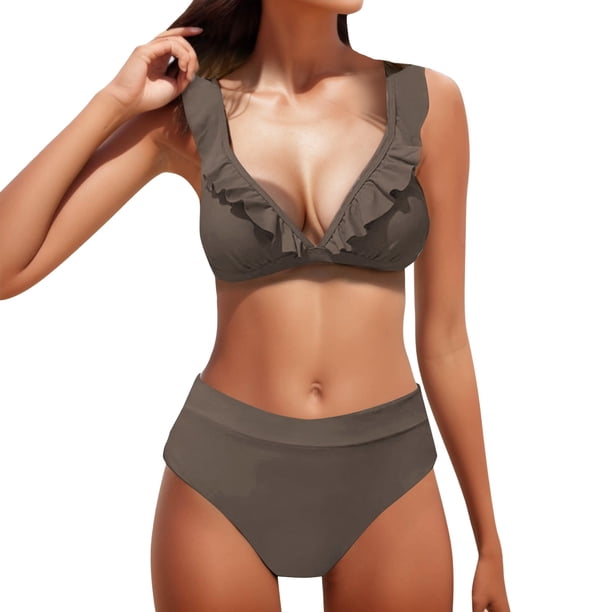 Gibobby Trajes de Natación para Mujer Conjunto de bikini de cintura alta con volantes para mujer, traje de baño de 2 piezas con realce triangular plisado(Marrón,XL)