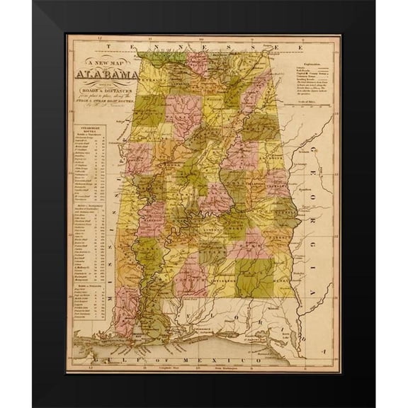 Vintage Maps 12x14 Black Modern Framed Museum Art Print Titled - Alabama 1844