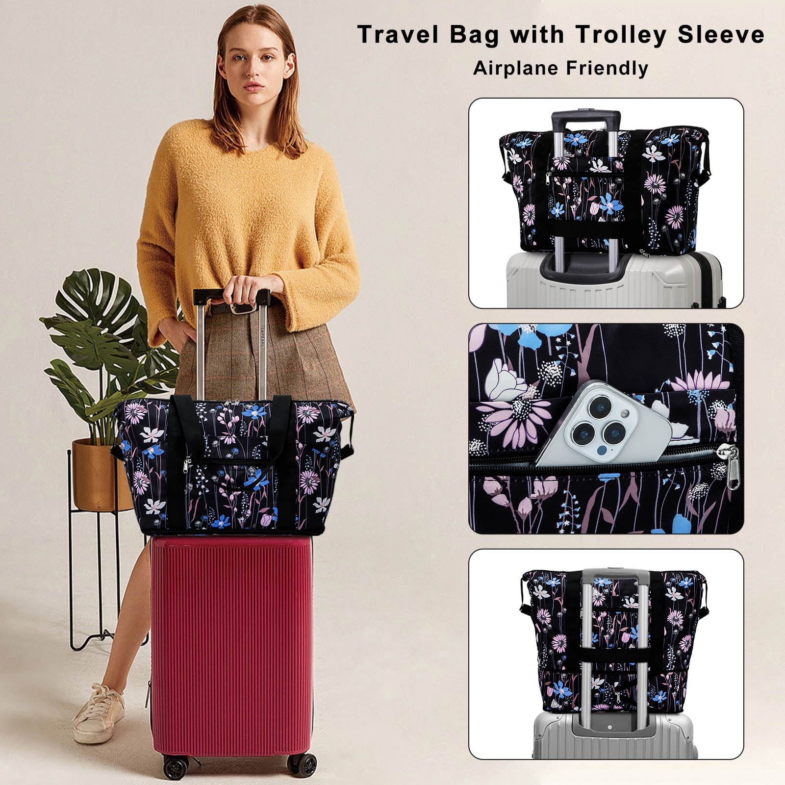 HAWEE Expandable Duffel Bag for Women with Trolley Sleeve and Wet Pocket Water Repellent Weekender Travel Tote Large Capacity Carry On Overnight Luggage for Gym/ Trip/ Camping/ Beach, Dreamy Flower