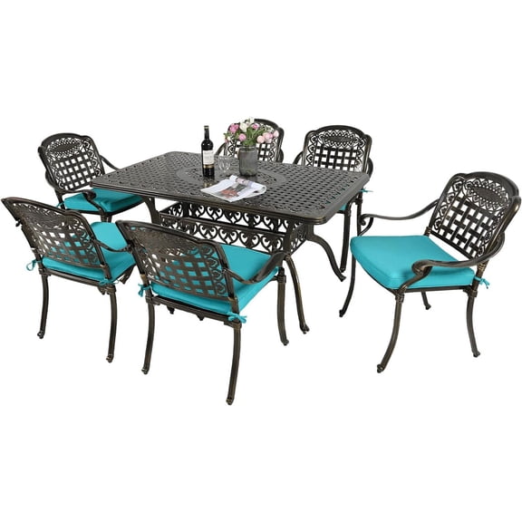 MEETWARM 7-Piece Outdoor Furniture Dining Set, All Weather Cast Aluminum Patio Garden Set with 6 Chairs, 6 Cushions, 1 Rectangular Table, 2" Umbrella Hole, Dark Bronze, Ocean Blue