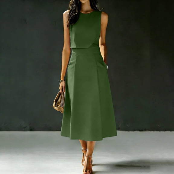 SOOMLON 2 Piece Skirt Set for Women Crew Neck Sleeveless Shirt Draped A Line Midi Skirt with Pockets High Waisted Outfits