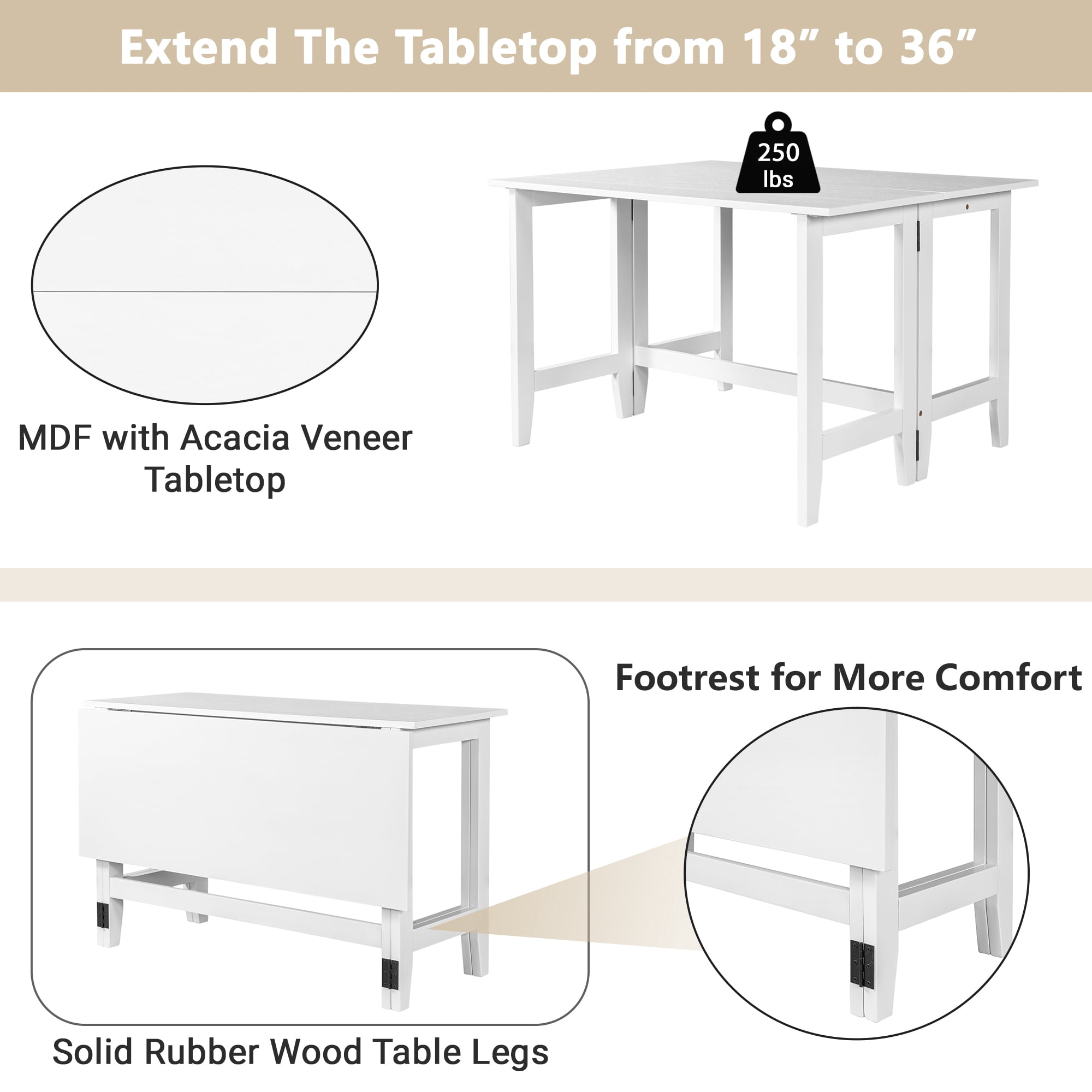 EUROCO Solid Wood Extendable Dining Table,47" Wood Extendable, Drop Leaf Table for Small Spaces,Multifunction Space Saving Rectangular Table Extension Dinner Table for Kitchen