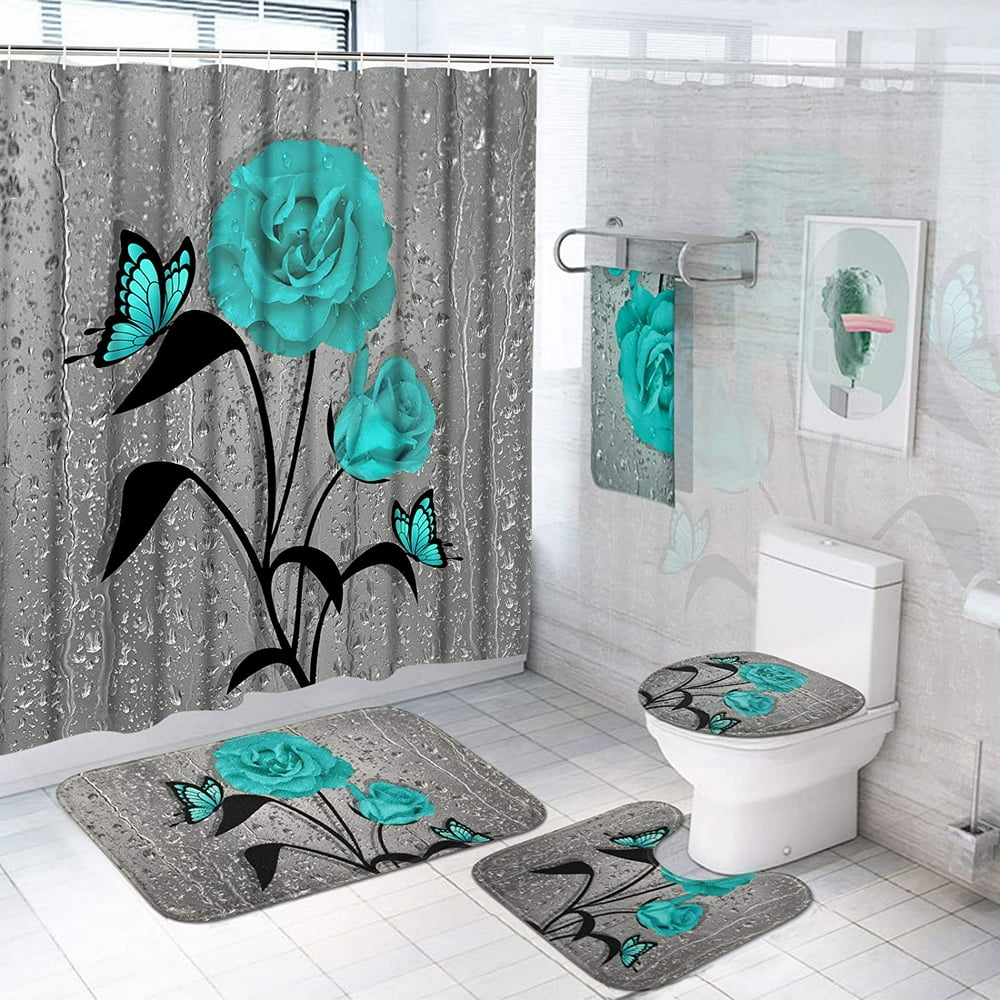 TAMOC 5 Pcs Gray Teal Rose Shower Curtain Sets with Rugs and Towels