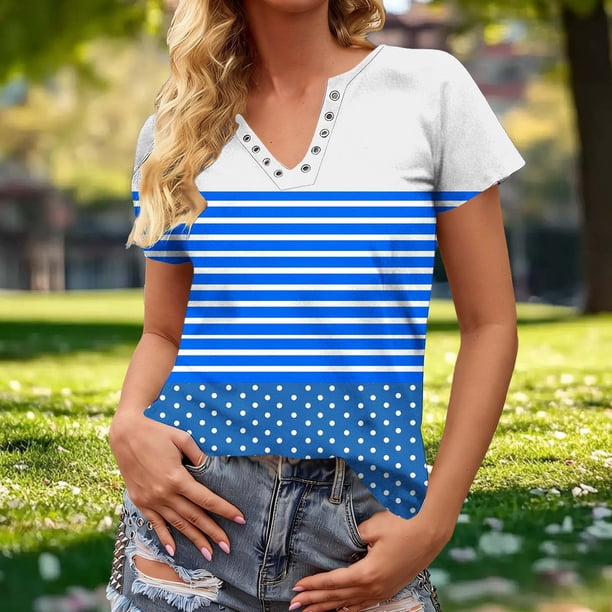 TaTaai Ladies Spring Summer Fashion V-Neck Tee Cotton Blend Relaxed Fit Short Sleeve Snap Button Detail Scattered Print Casual Daily Streetwear Breathable Women Top Gift