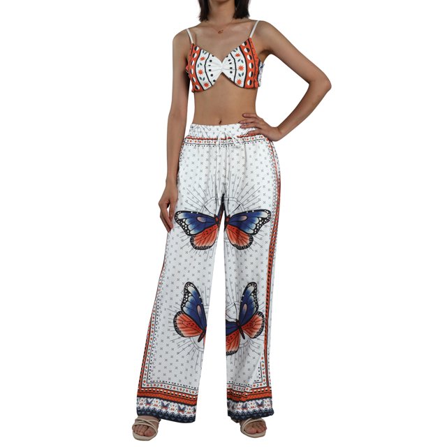 goowrom Ensemble de Vêtements pour Femmes, Hauts à Motif Papillon Pantalons Longs