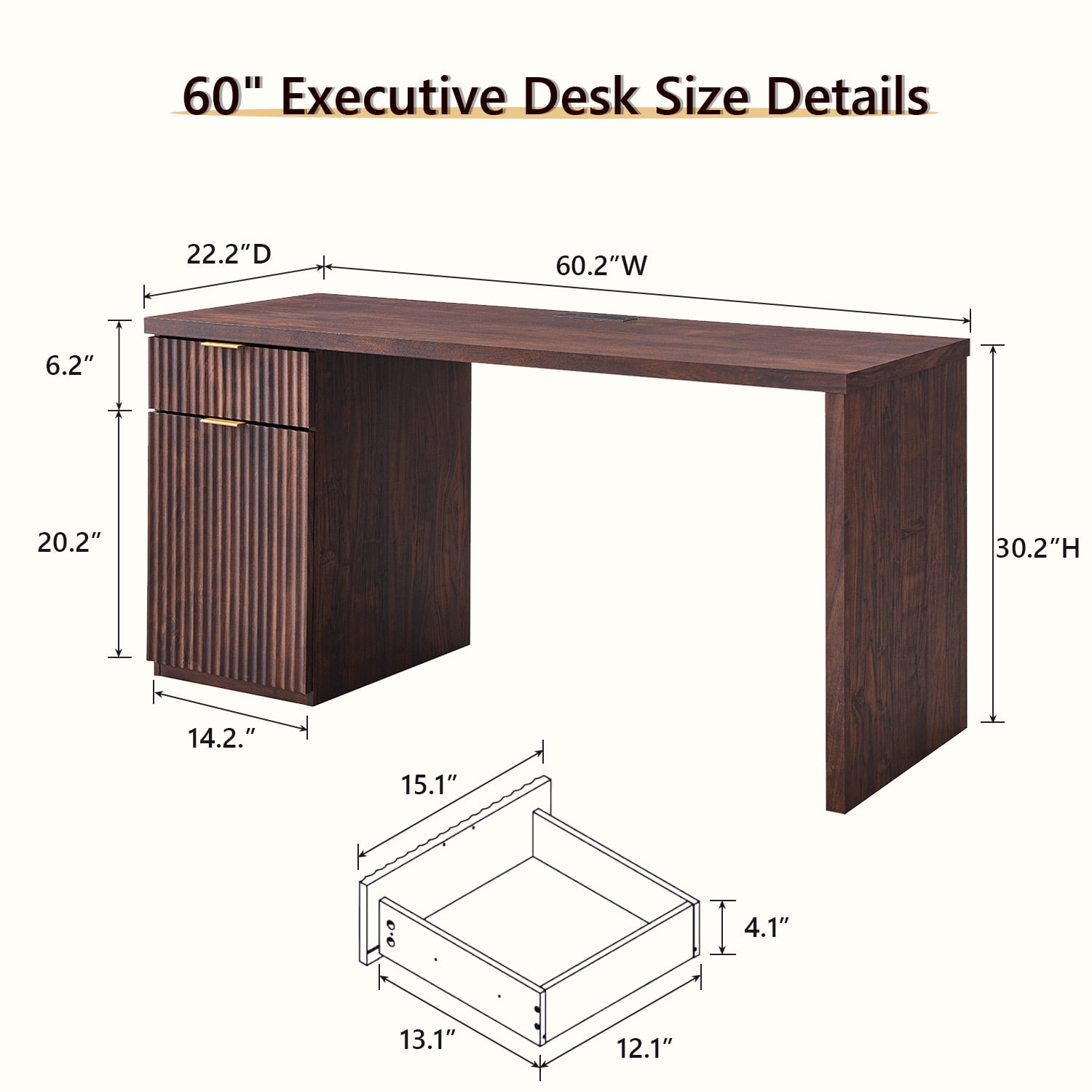 IFMust 60" Home Office Desk with Storage Drawer & Cabinet, Modern Executive Desk with Charging Station, Fluted Computer Desk for Study, Living Room, Dark Walnut