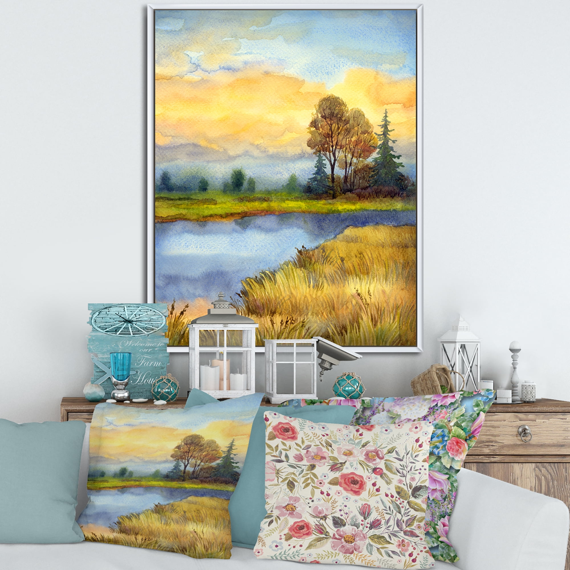 Designart 'The Awakening of Nature Over Meadows' Lake House Framed Canvas Wall Art Print
