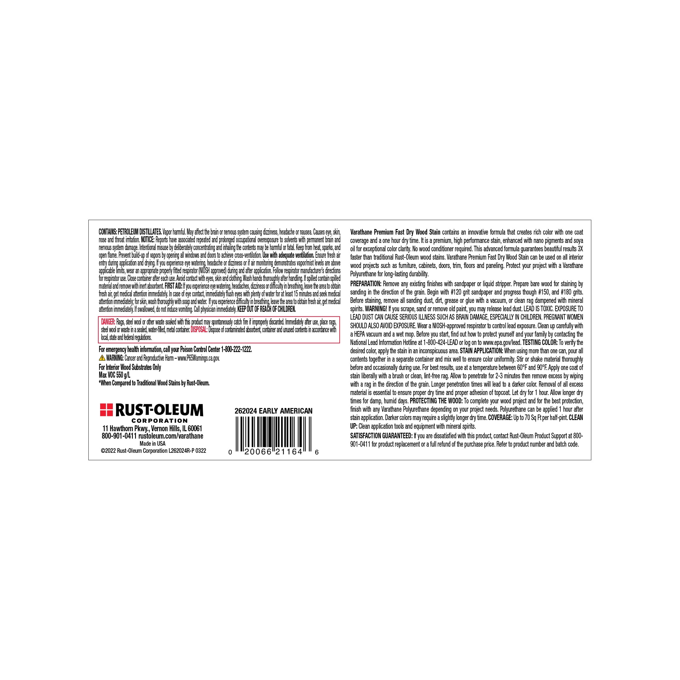 Early American, Varathane Premium Fast Dry Wood Stain-262024, Half Pint