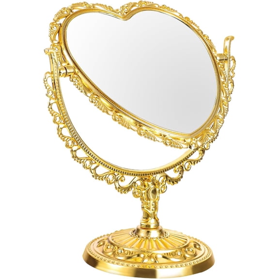 Vintage Heart-Shaped Double-Sided Tabletop Makeup Mirror with Stand, Gold