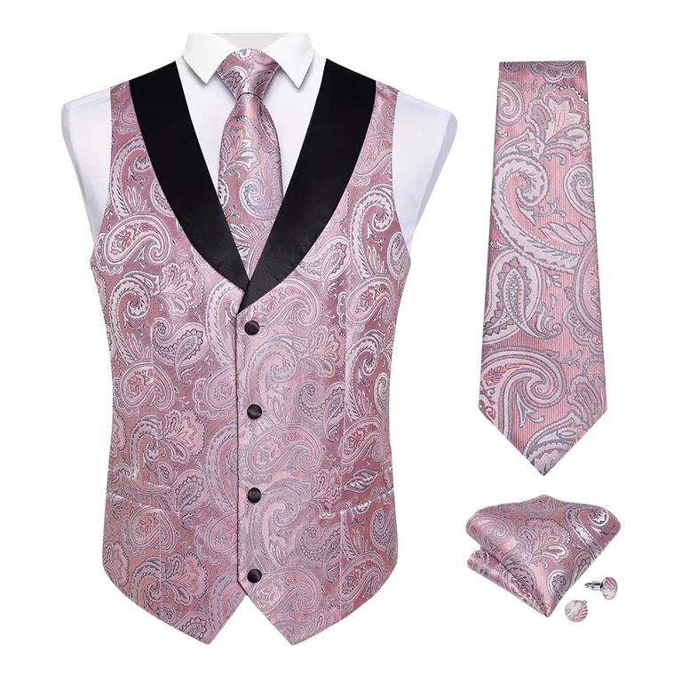 VBTAPA Men's V-Neck Suit Vests Formal Dress Vest Paisley Jacquard Tie  Waistcoat Hanky Set for Holiday Party Wedding Pink L