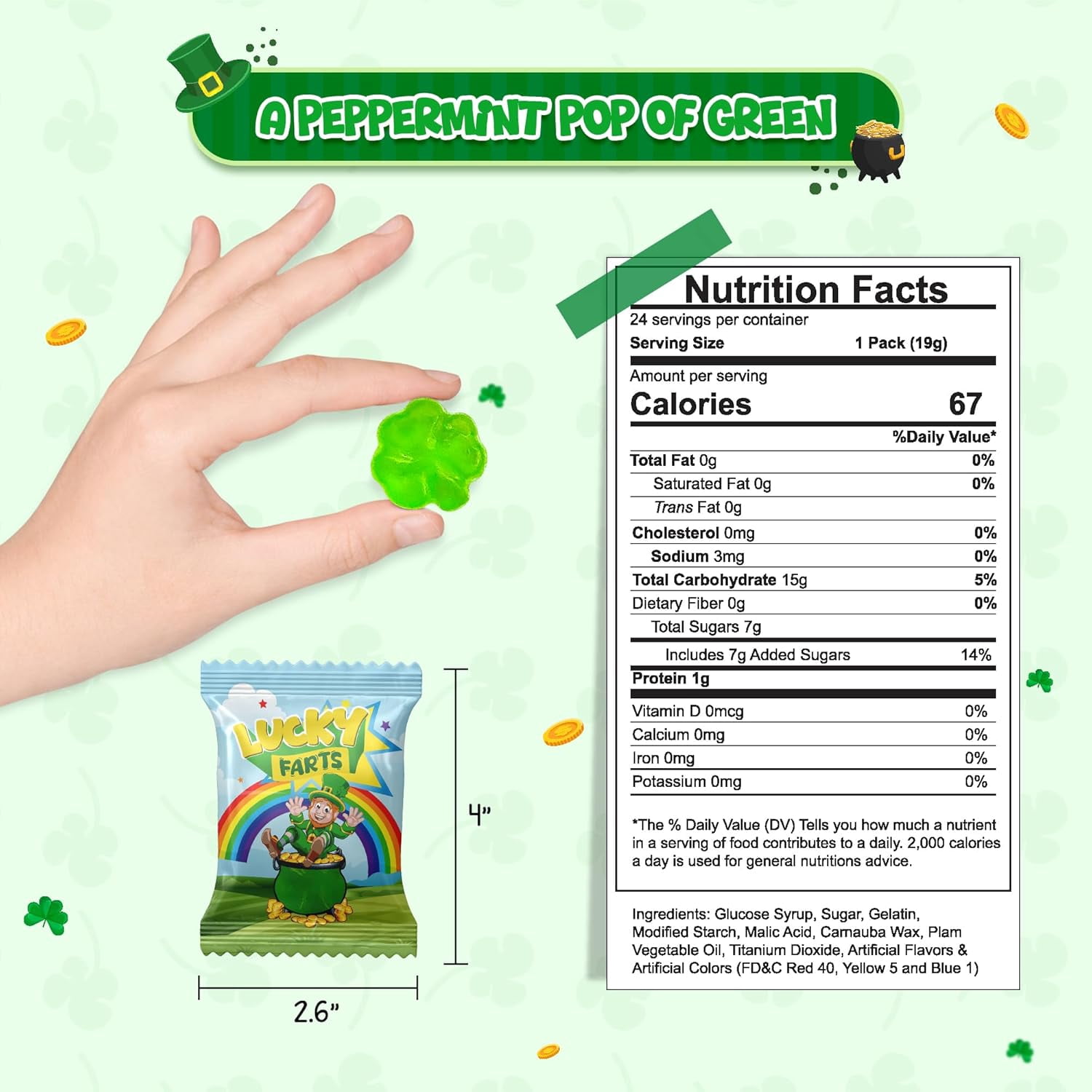 4E's Novelty St. Patrick's Day Lucky Farts Shamrock Gummies - 30 Individually Wrapped Bags (5 Pieces Each) Hilarious Green Gummy Candy