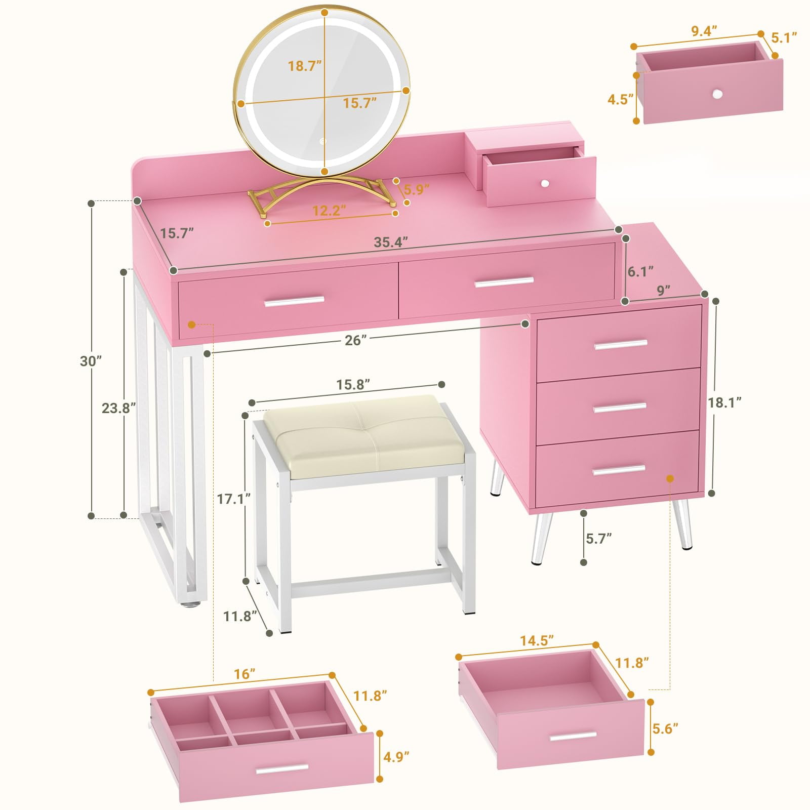 Homieasy Vanity Desk with Mirror and Lights, Modern Makeup Vanity Table Set with 6 Storage Drawers and Cushioned Stool for Bedroom, Dressing Table with Divided Organizers for Women, Pink