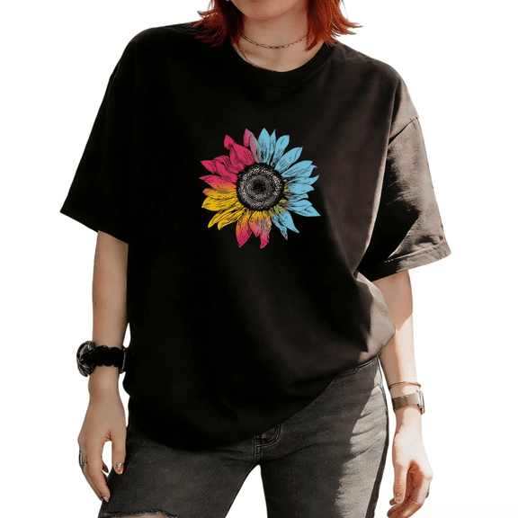 Cozymy Women's Colorful Gradient Sunflower Floral Graphic Short Sleeve T-Shirt Simple Minimalist Tees Tops