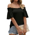 thumbnail image 2 of Camisa de manga corta para mujer, cuello en V plisado, manga con volantes, camisa con hombros descubiertos para mujer, Top para fiesta diaria de verano, negro L, 2 of 6