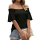 thumbnail image 2 of Camisa de manga corta para mujer, cuello en V plisado, manga con volantes, camisa con hombros descubiertos para mujer, Top para fiesta diaria de verano, negro XL, 2 of 6