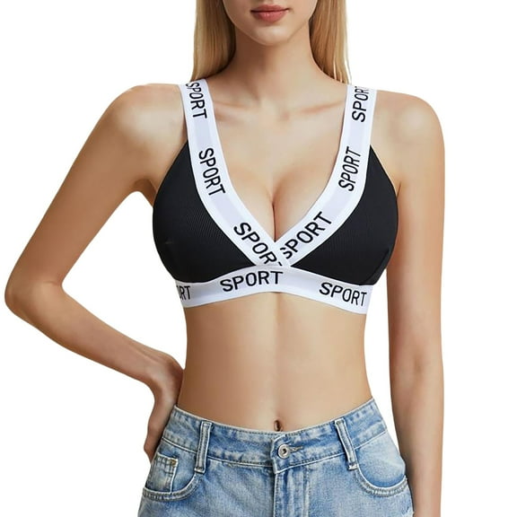 TEVEQ Womens Wireless Bras Comfortable Push Up Bra No Underwire Bra Full Support Lift Bralette Everyday Seamless Tshirt Bras Thread Letter Splicing Contrasting Color Cup Bra Black L