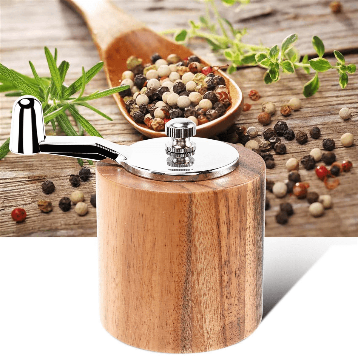5X Pepper Mill, Hand Crank Wood Pepper Grinder with Classic Handle and Adjustable Ceramic Rotor