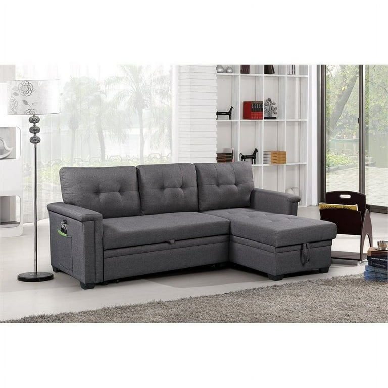 Bowery Hill Gray Reversible Sleeper Sofa Storage Chaise with USB Charging Ports