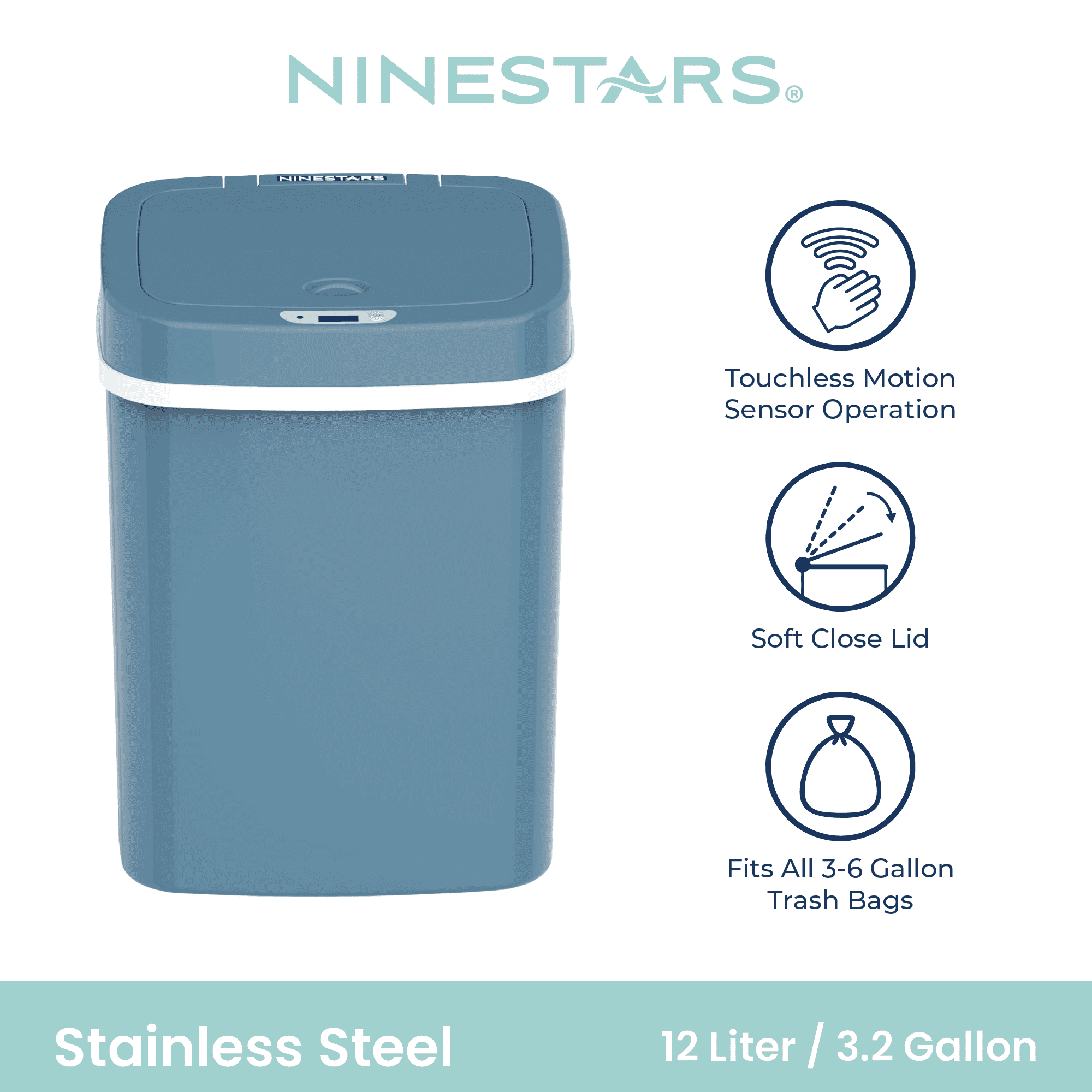 Nine Stars Automatic Bathroom Trash Can, 3 Gallon Plastic Motion Sensor Garbage Bin with Soft Close Lid, Steel Blue