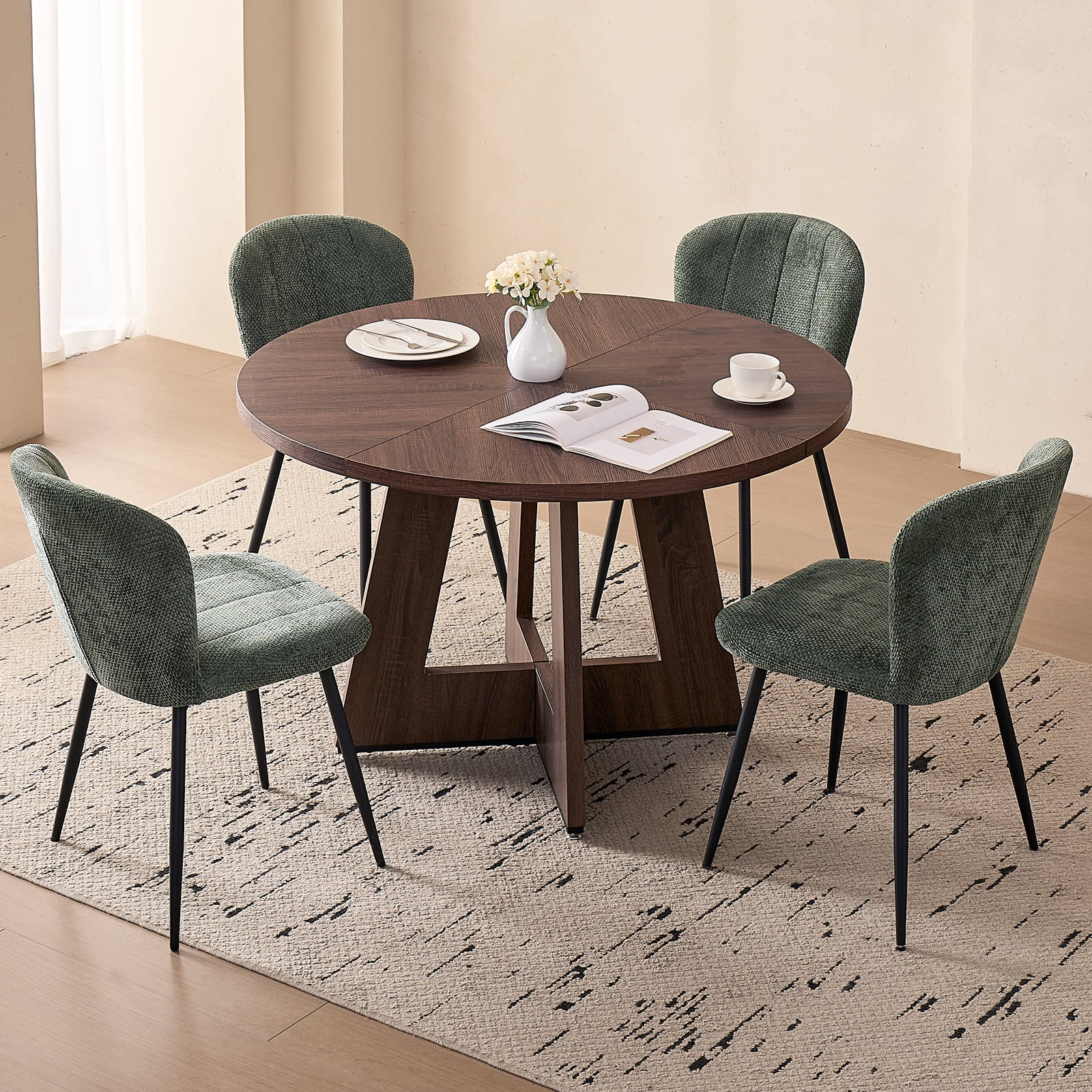 5 Piece 47" Round Dining Room Table Set for 4, [Fanned Base] [1.38" Thick Top] Wood Kitchen Table with 4 Green Chenille Dining Chairs